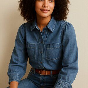 Vintage American Eagle Outfitters Denim Button Up Chambray Puff Sleeve - LG